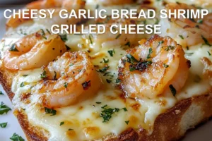 CHEESY GARLIC BREAD SHRIMP GRILLED CHEESE centered hero view, clean and uncluttered