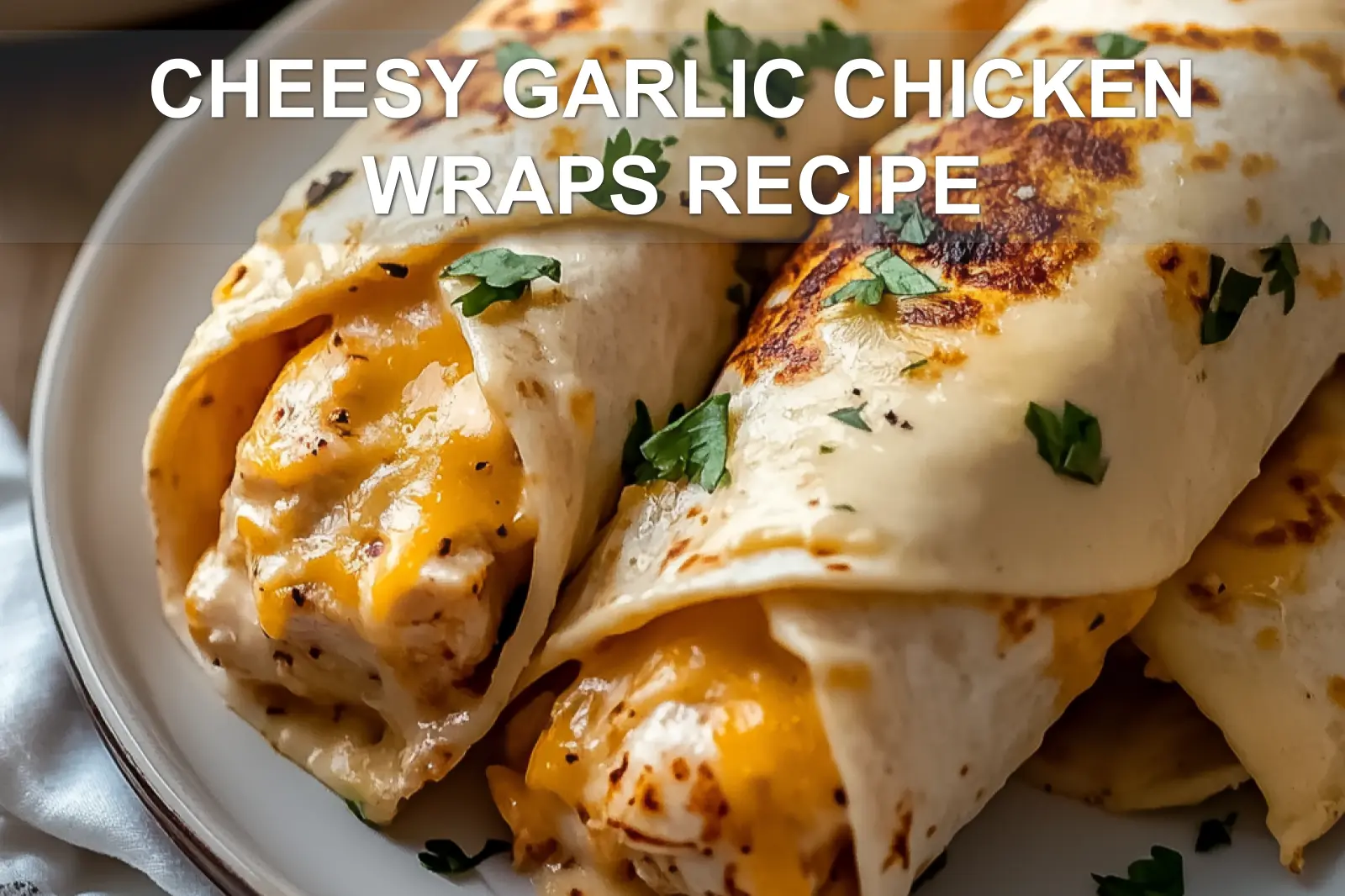 CHEESY GARLIC CHICKEN WRAPS RECIPE centered hero view, clean and uncluttered
