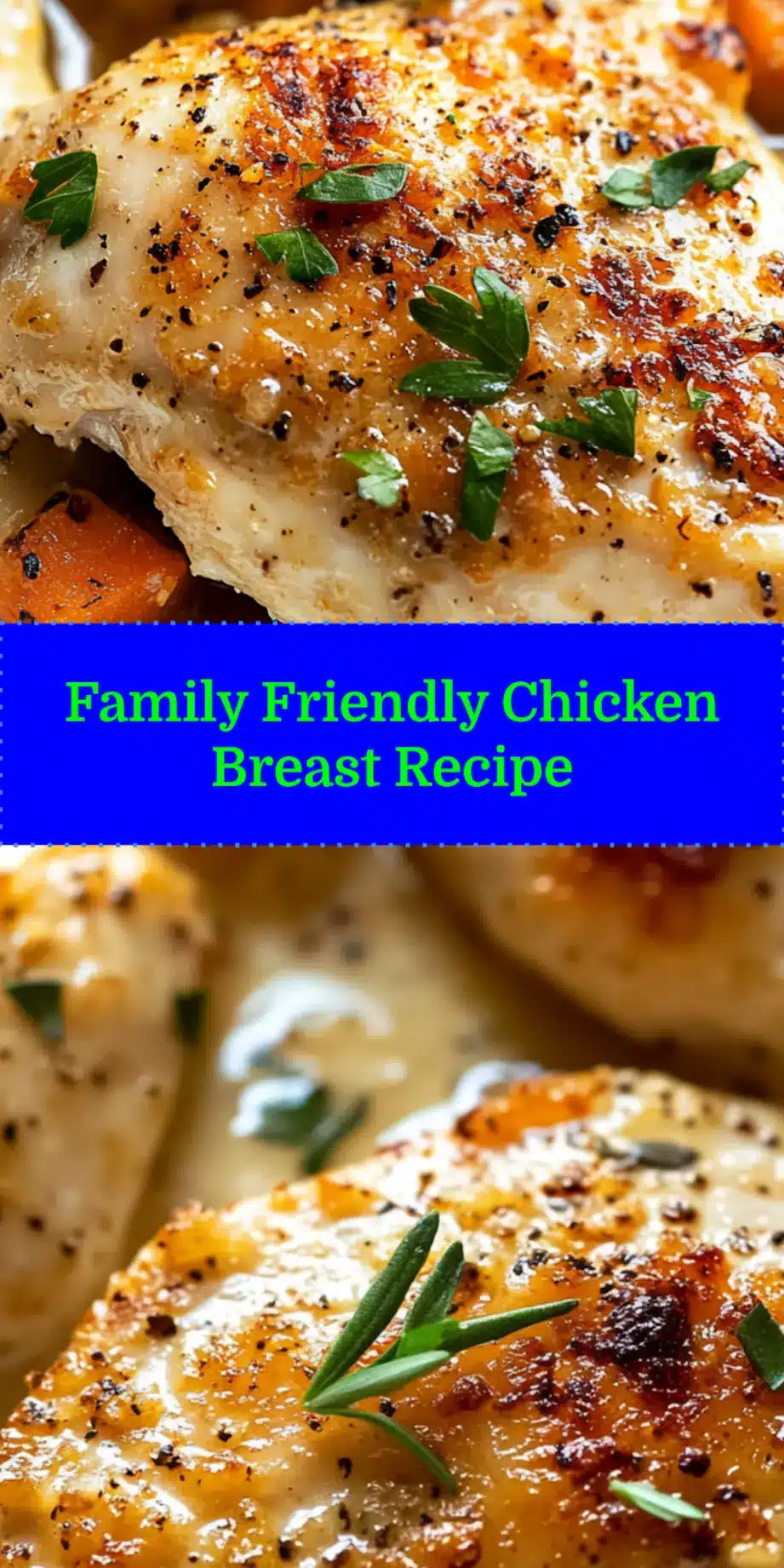 Overhead view of crispy golden Chicken Breasts topped with fresh herbs, ready for a family meal.