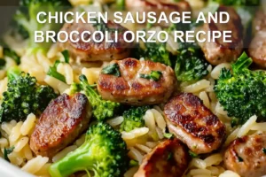 Chicken Sausage and Broccoli Orzo Recipe You Will Love CHICKEN SAUSAGE AND BROCCOLI ORZO RECIPE centered hero view, clean and uncluttered