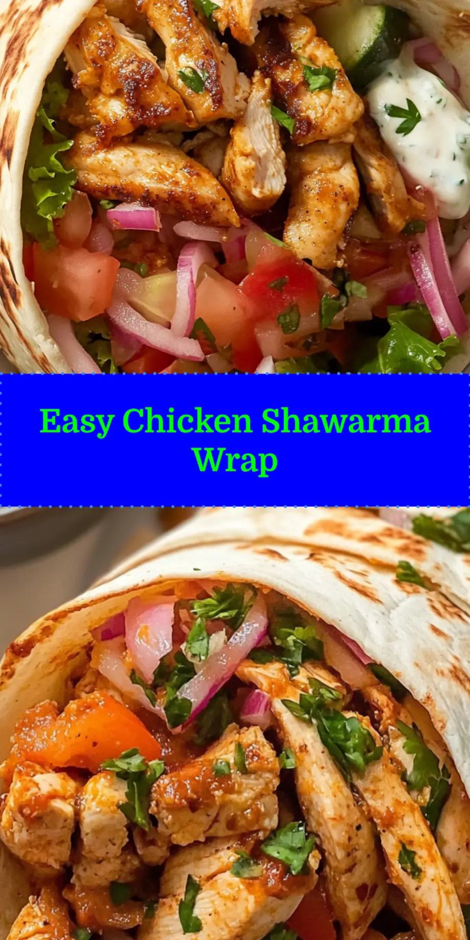Completed Chicken Shawarma Wrap, neatly rolled and sliced, served with fresh vegetables and dipping sauce, ideal for Pinterest sharing.