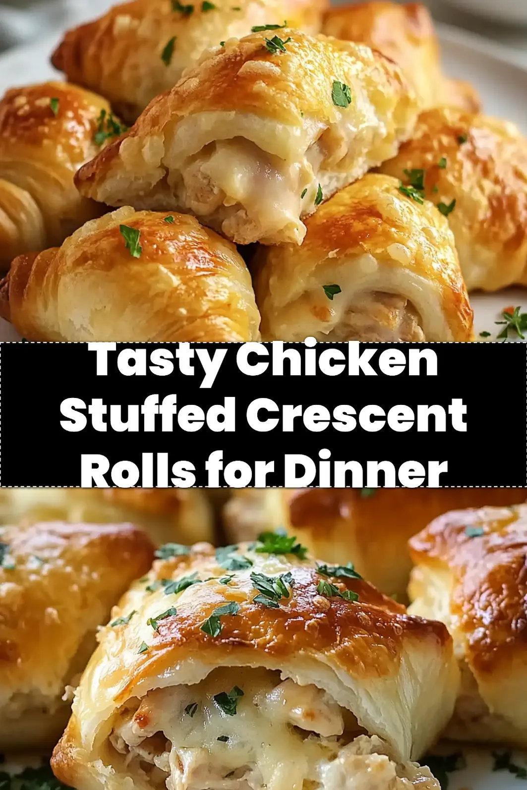CHICKEN STUFFED CRESCENT ROLLS RECIPE centered hero view, clean and uncluttered_pin