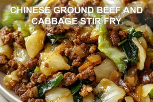 CHINESE GROUND BEEF AND CABBAGE STIR FRY centered hero view, clean and uncluttered