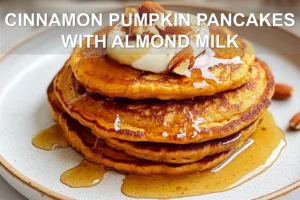 CINNAMON PUMPKIN PANCAKES WITH ALMOND MILK centered hero view, clean and uncluttered