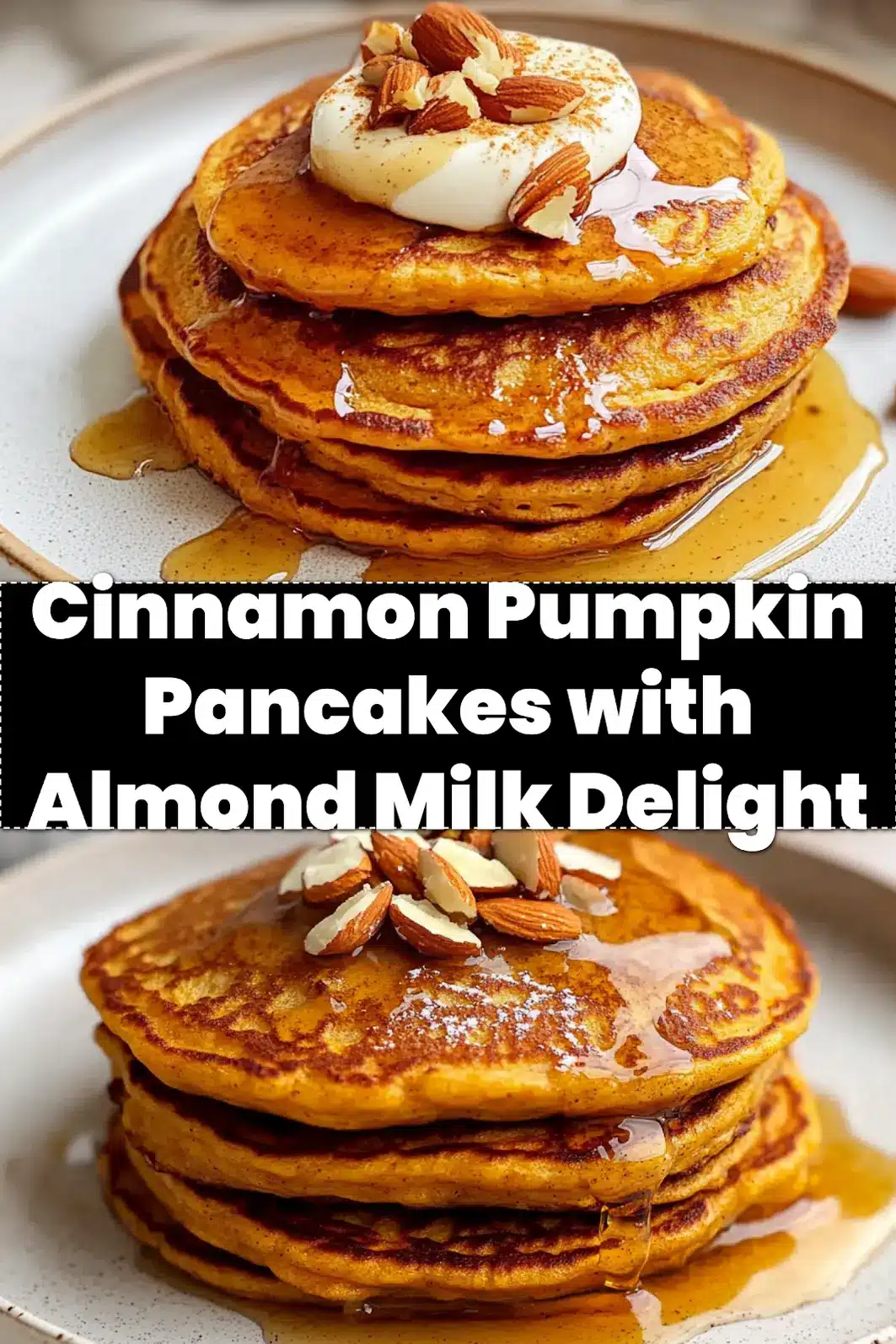 Close-up shot of a stack of Cinnamon Pumpkin Pancakes with Almond Milk, garnished with fresh berries and a dusting of powdered sugar.