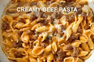 CREAMY BEEF PASTA centered hero view, clean and uncluttered