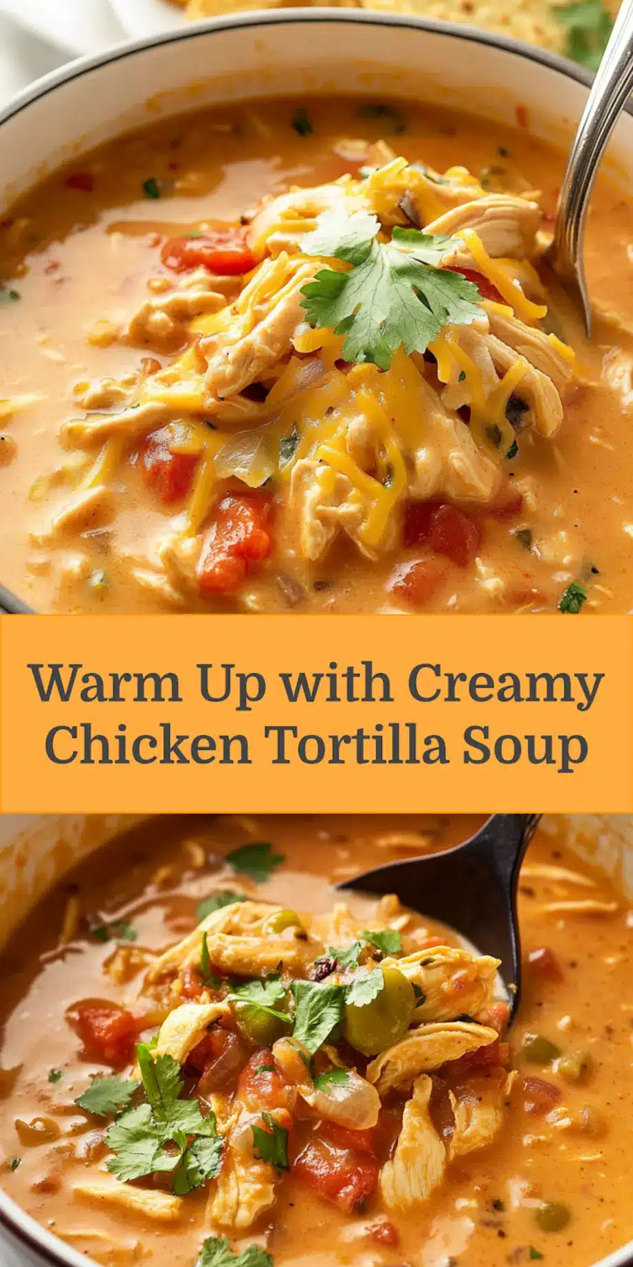 CREAMY CHICKEN TORTILLA SOUP centered hero view, clean and uncluttered_pin
