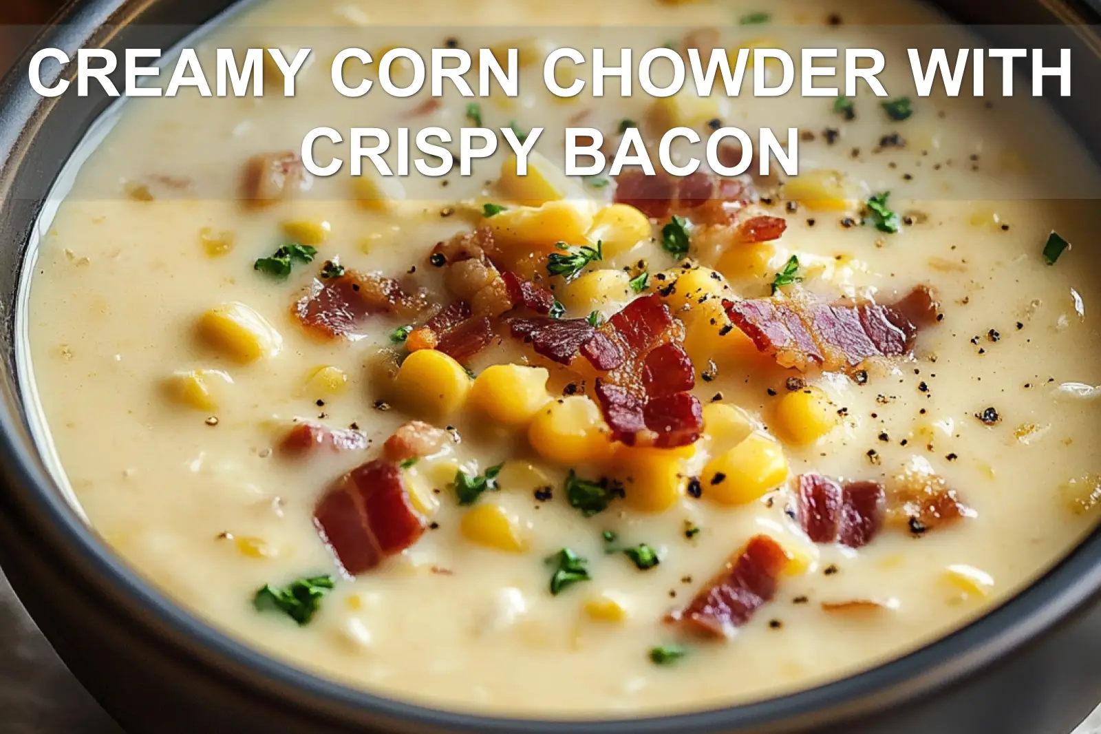 Creamy Corn Chowder with Crispy Bacon: Easy, Delicious Recipe 4 CREAMY CORN CHOWDER WITH CRISPY BACON centered hero view, clean and uncluttered