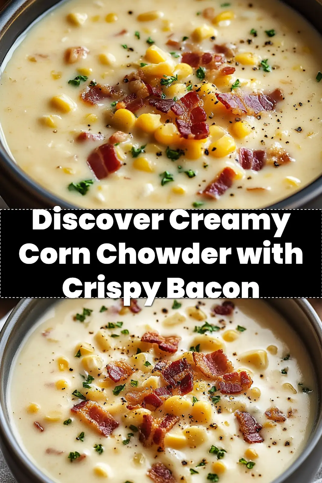 Creamy Corn Chowder with Crispy Bacon: Easy, Delicious Recipe 3 CREAMY CORN CHOWDER WITH CRISPY BACON centered hero view, clean and uncluttered_pin