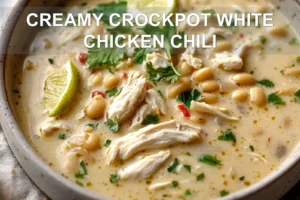 CREAMY CROCKPOT WHITE CHICKEN CHILI centered hero view, clean and uncluttered
