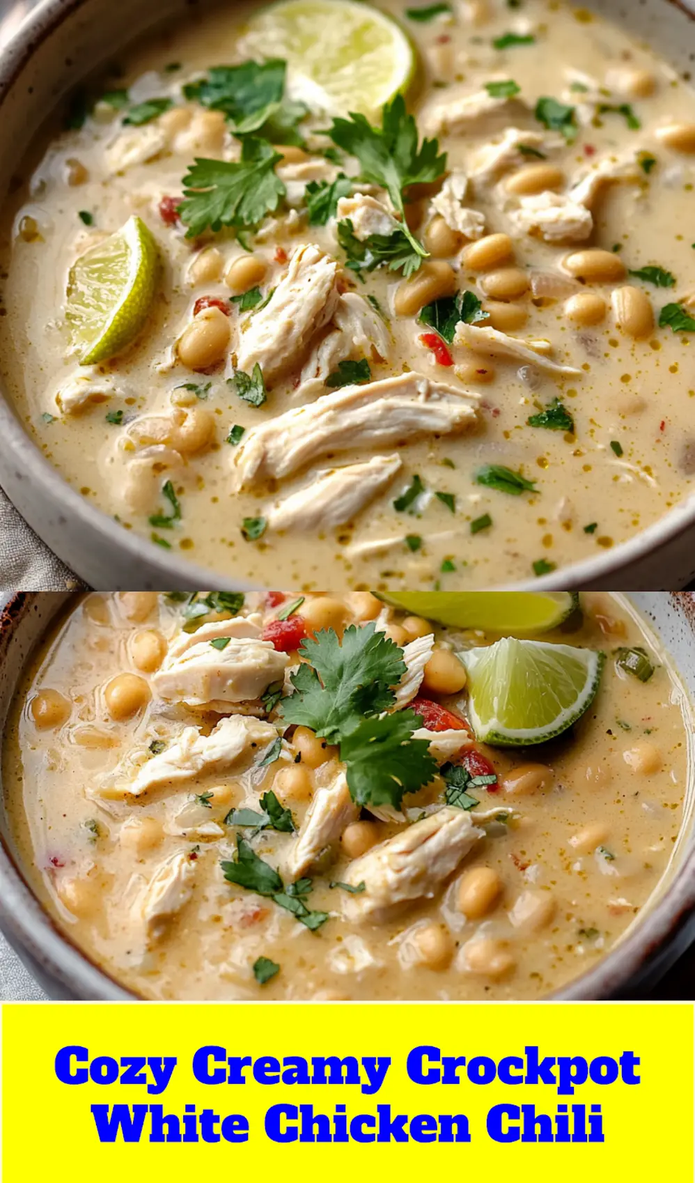 A bowl of Creamy Crockpot White Chicken Chili, garnished with fresh cilantro, avocado, and lime, ready to serve