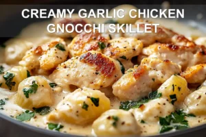 CREAMY GARLIC CHICKEN GNOCCHI SKILLET centered hero view, clean and uncluttered