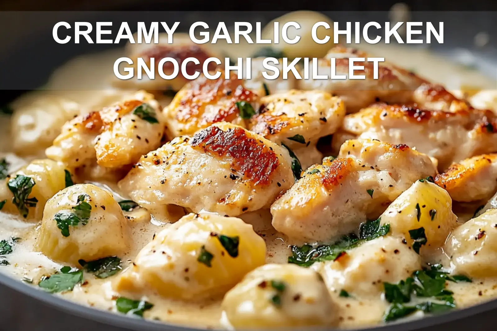 CREAMY GARLIC CHICKEN GNOCCHI SKILLET centered hero view, clean and uncluttered
