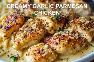 CREAMY GARLIC PARMESAN CHICKEN centered hero view, clean and uncluttered