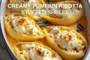 CREAMY PUMPKIN RICOTTA STUFFED SHELLS centered hero view, clean and uncluttered
