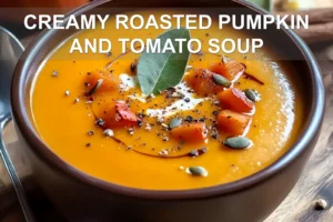 CREAMY ROASTED PUMPKIN AND TOMATO SOUP centered hero view, clean and uncluttered