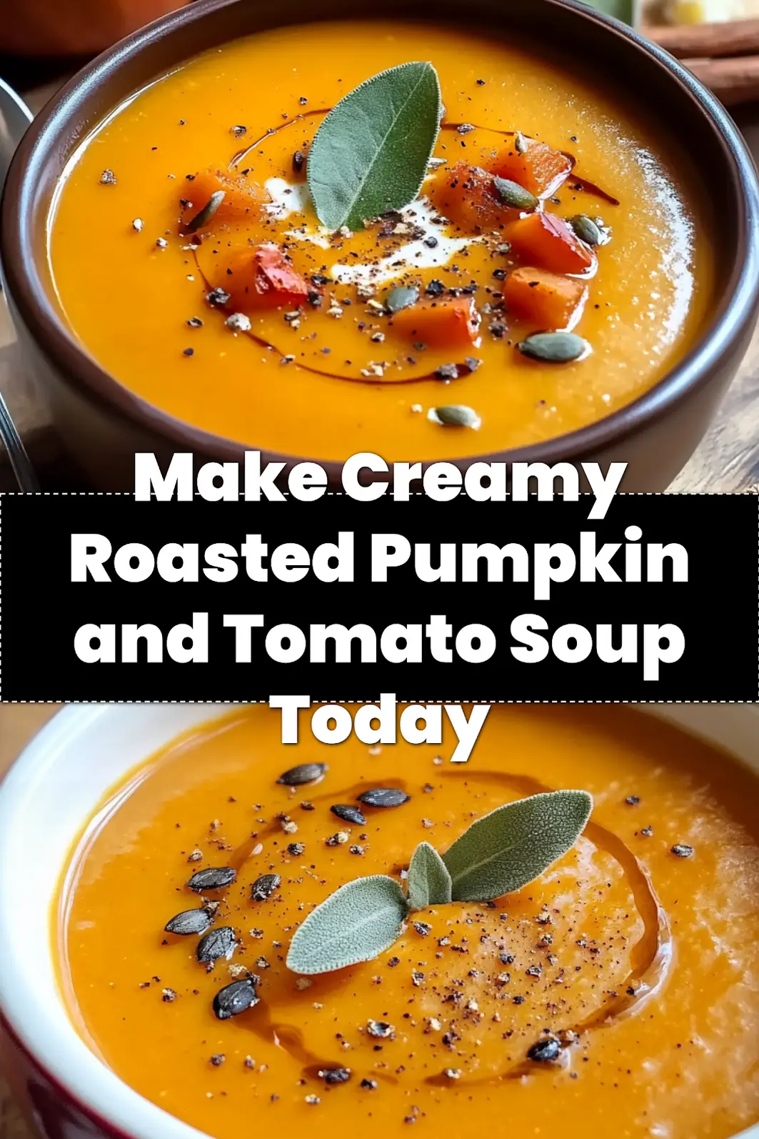 CREAMY ROASTED PUMPKIN AND TOMATO SOUP centered hero view, clean and uncluttered_pin