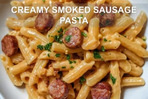 CREAMY SMOKED SAUSAGE PASTA centered hero view, clean and uncluttered