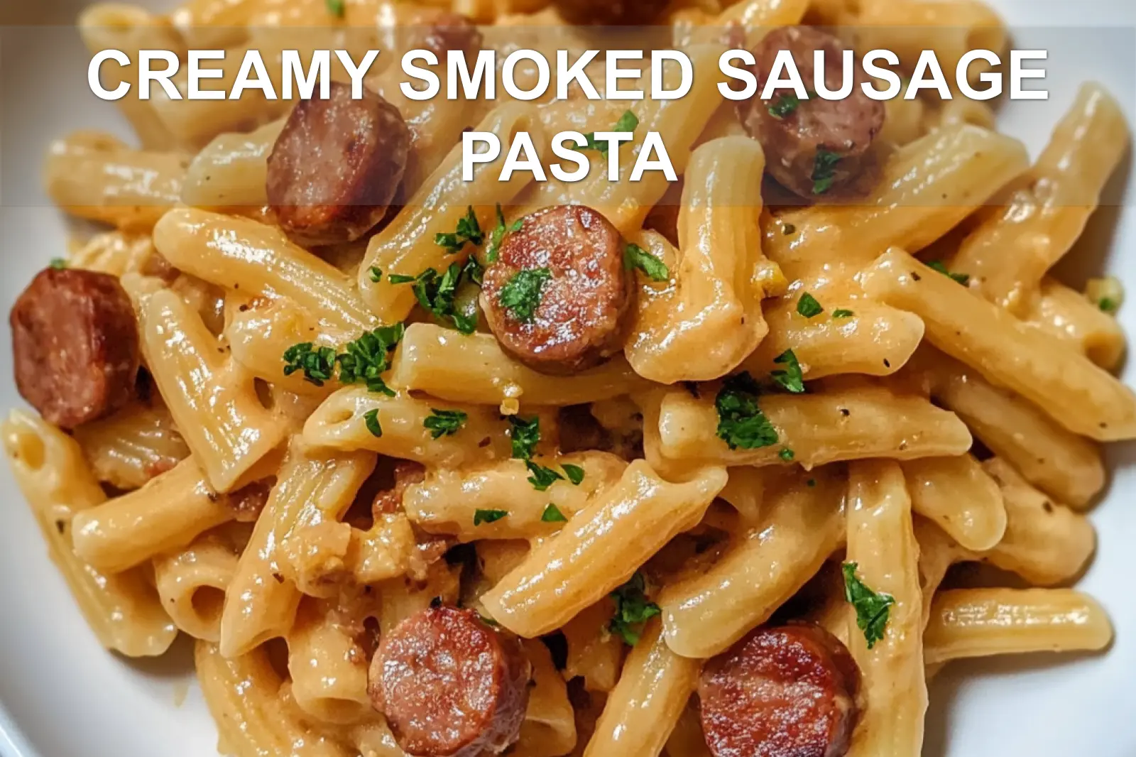 CREAMY SMOKED SAUSAGE PASTA centered hero view, clean and uncluttered