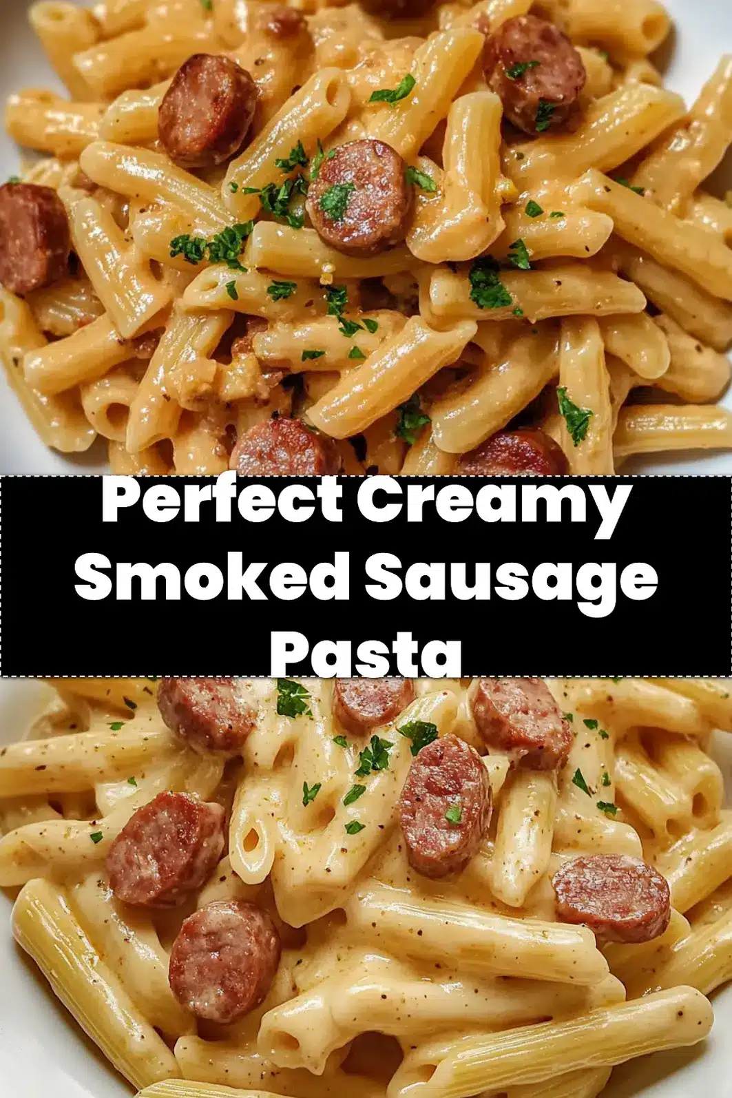Close-up shot of creamy smoked sausage pasta in a bowl, ready to be served, garnished with fresh herbs.