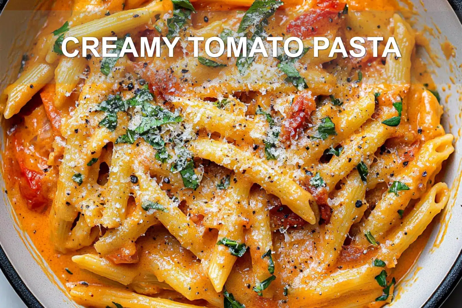 CREAMY TOMATO PASTA centered hero view, clean and uncluttered