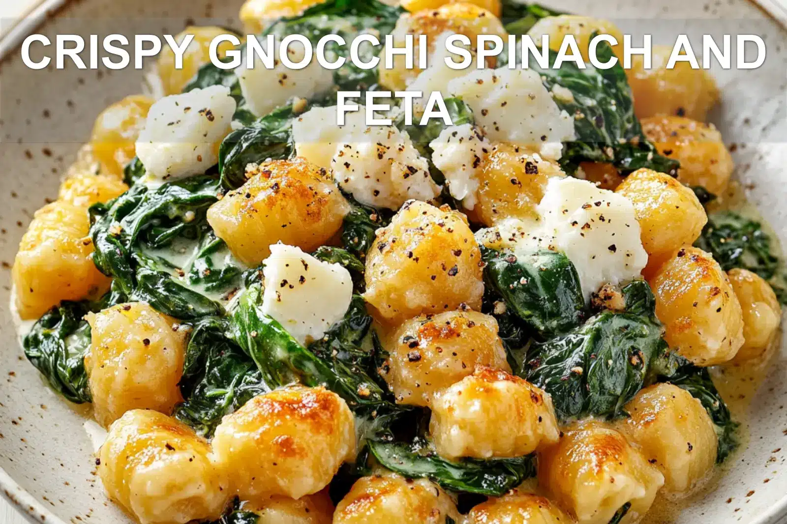CRISPY GNOCCHI SPINACH AND FETA centered hero view, clean and uncluttered