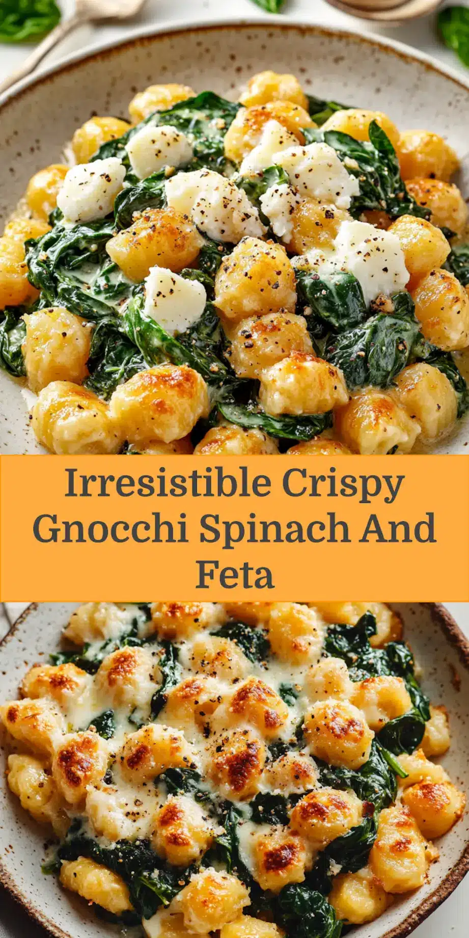 CRISPY GNOCCHI SPINACH AND FETA with vibrant greens and crumbled feta cheese, perfect for a Pinterest pin