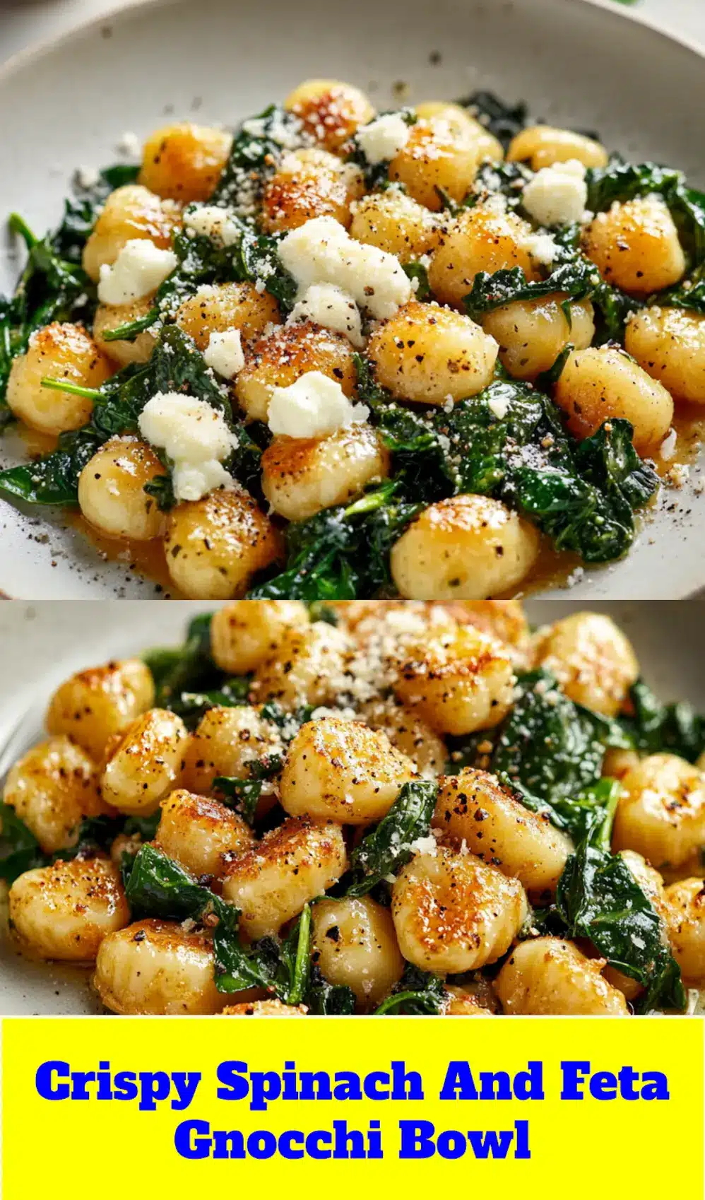 A serving of crispy gnocchi with spinach and feta in a white bowl, garnished with fresh herbs, suitable for Pinterest.
