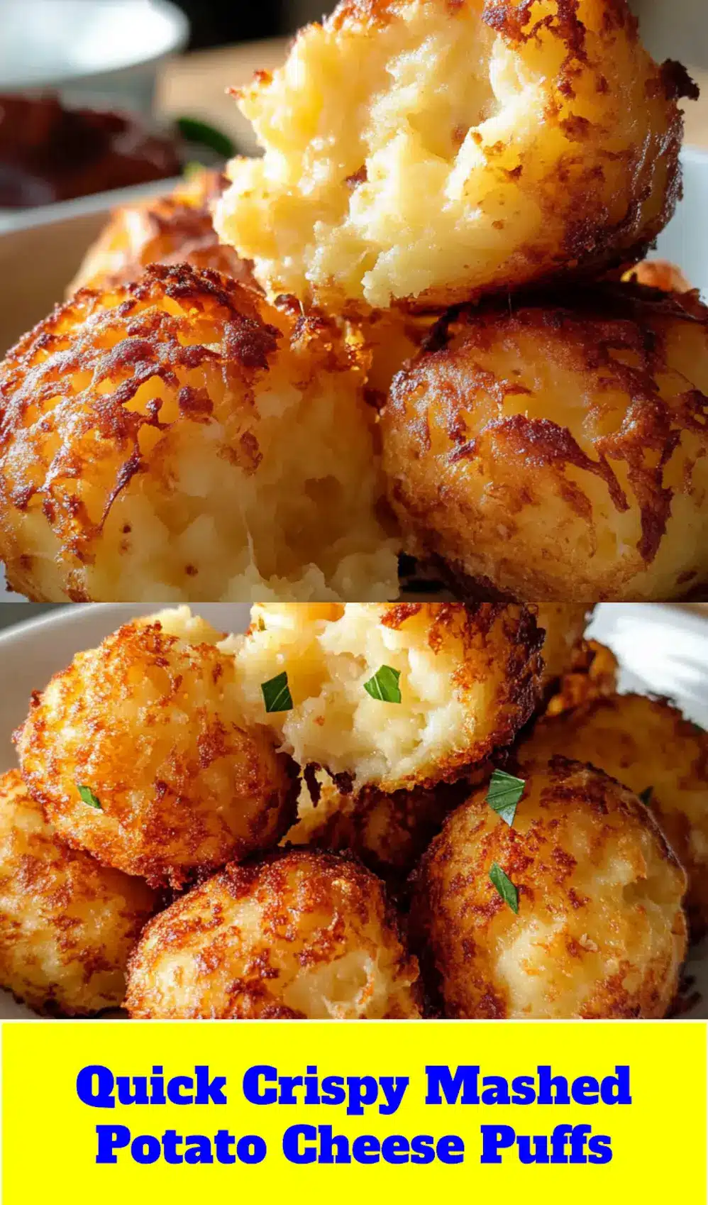 Crispy Mashed Potato Cheese Puffs for a Delicious Treat 3 A serving of golden Crispy Mashed Potato Cheese Puffs with a cheesy interior, perfect for a Pinterest pin image.