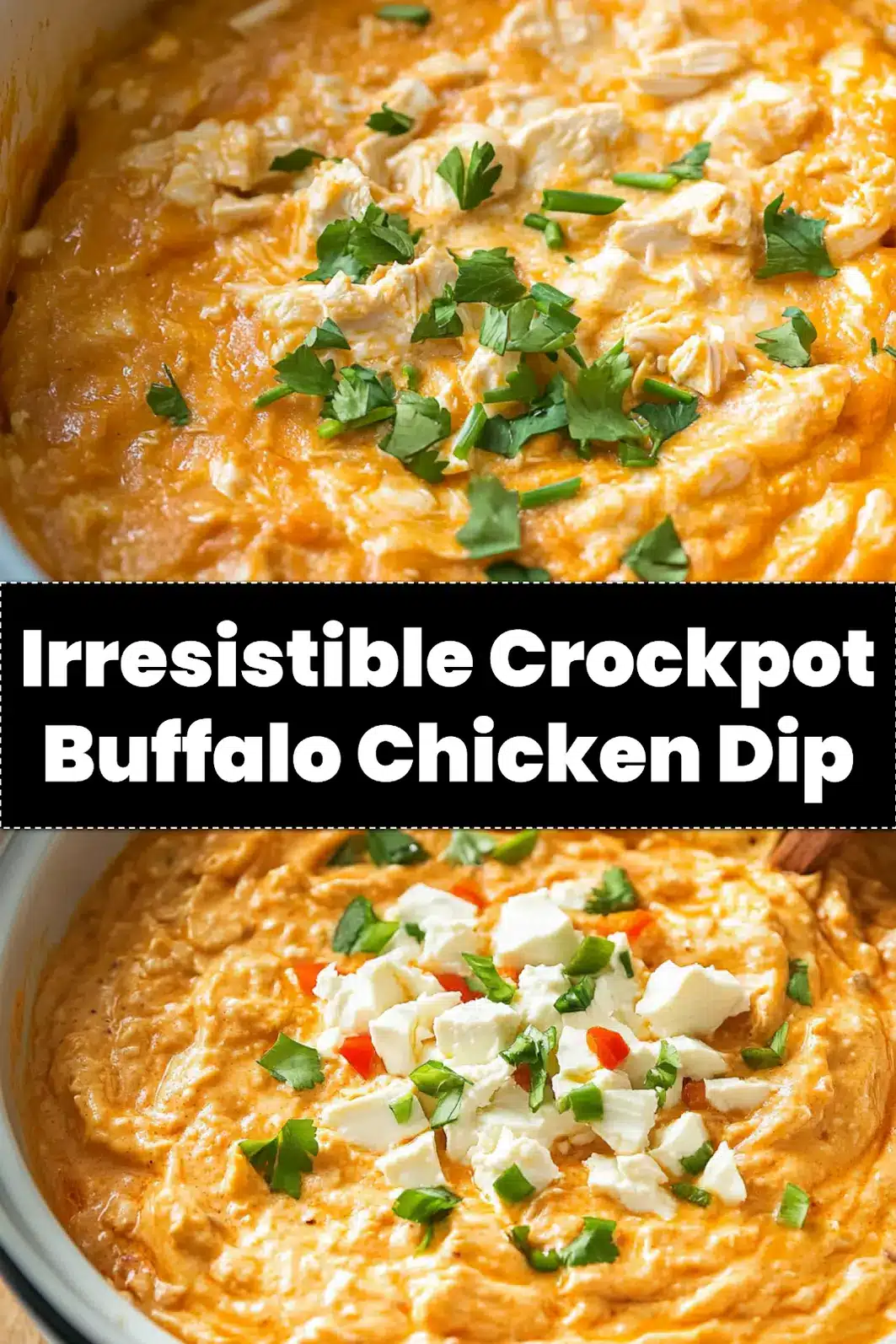 Crockpot Buffalo Chicken Dip Easy and Irresistible 3 CROCKPOT BUFFALO CHICKEN DIP centered hero view, clean and uncluttered_pin