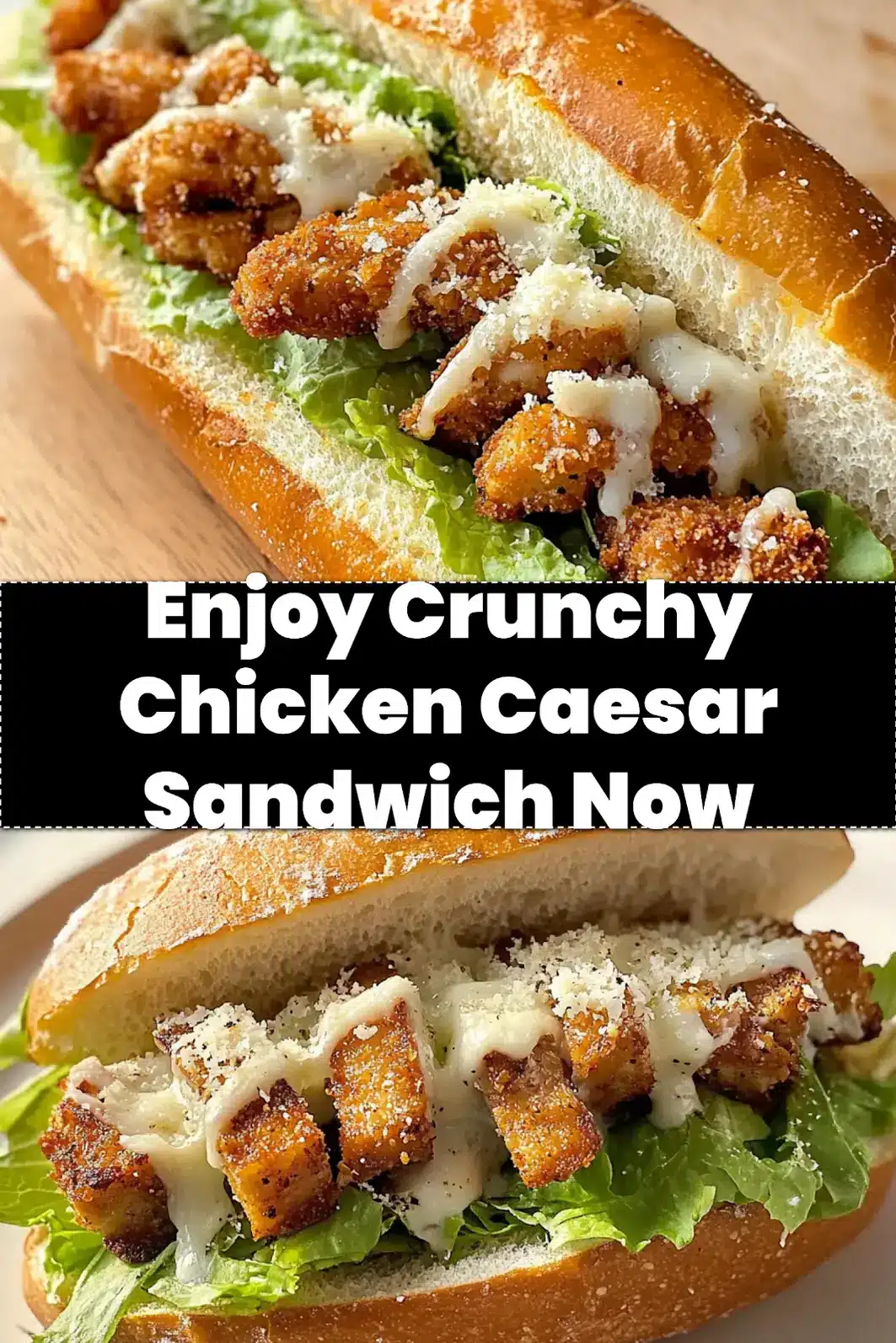 A perfectly assembled Crunchy Chicken Caesar Sandwich, featuring golden brown crispy chicken, fresh crisp romaine lettuce, and creamy Caesar dressing on a toasted sub roll.