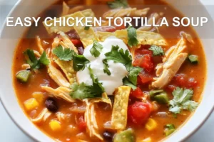 Easy Chicken Tortilla Soup: Delicious Simple Recipe EASY CHICKEN TORTILLA SOUP centered hero view, clean and uncluttered
