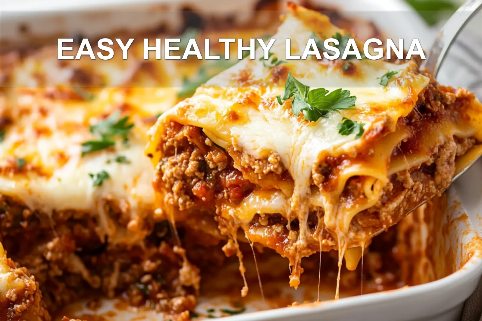 EASY HEALTHY LASAGNA centered hero view, clean and uncluttered