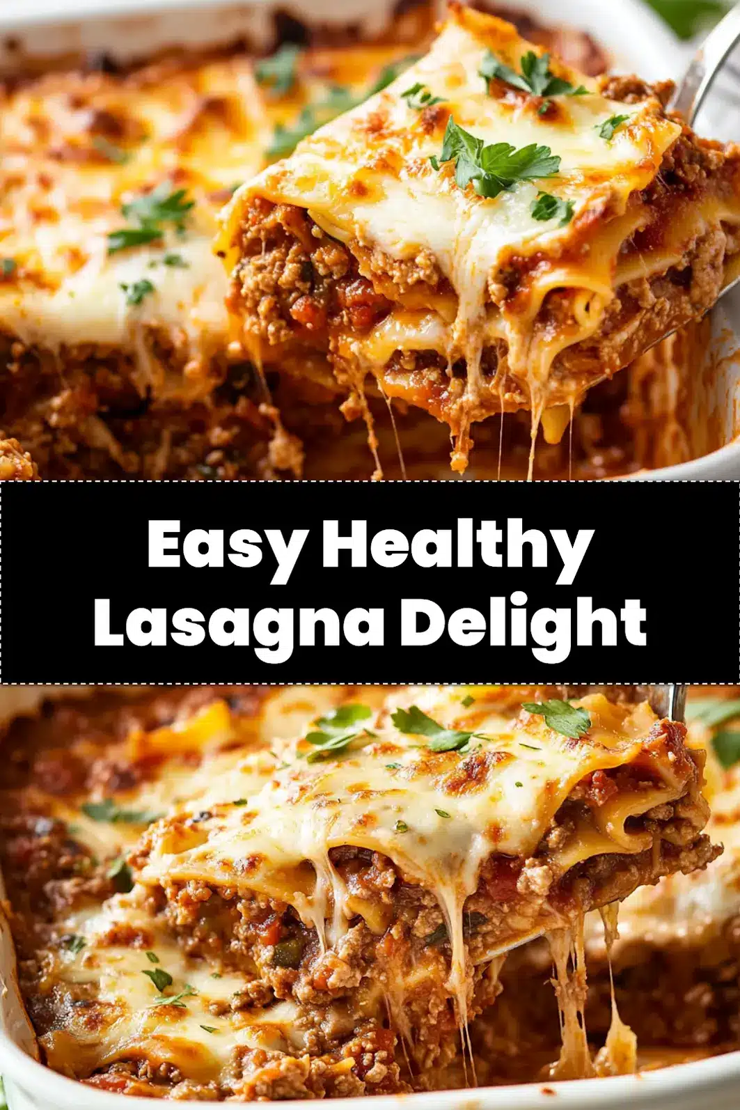 A golden, bubbly Easy Healthy Lasagna, freshly baked and ready to be served, perfect for pinning.