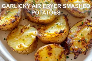 Irresistible Garlicky Air Fryer Smashed Potatoes Recipe GARLICKY AIR FRYER SMASHED POTATOES centered hero view, clean and uncluttered