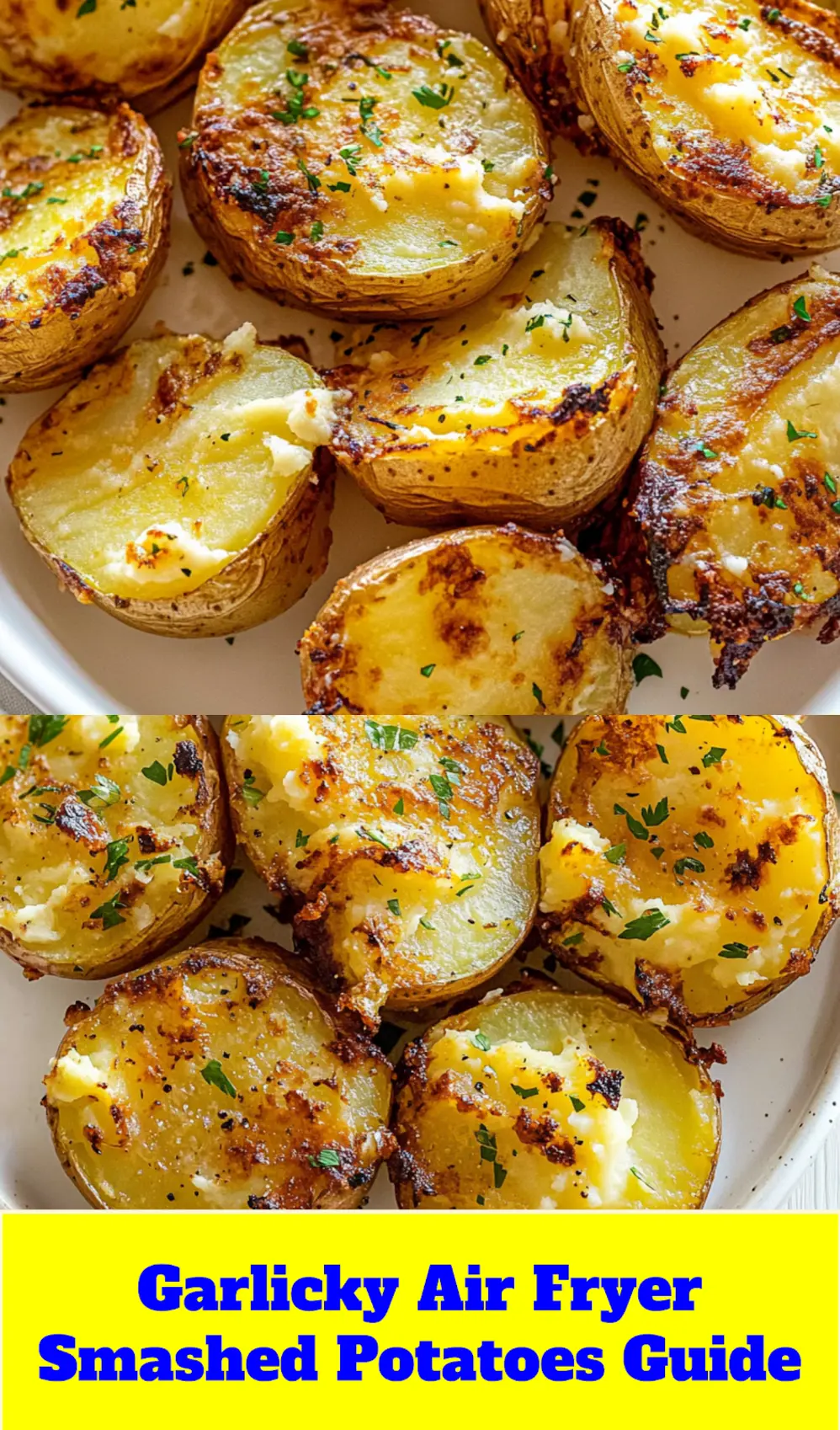 Garlicky Air Fryer Smashed Potatoes on a plate, crispy and golden brown, ideal for sharing on Pinterest