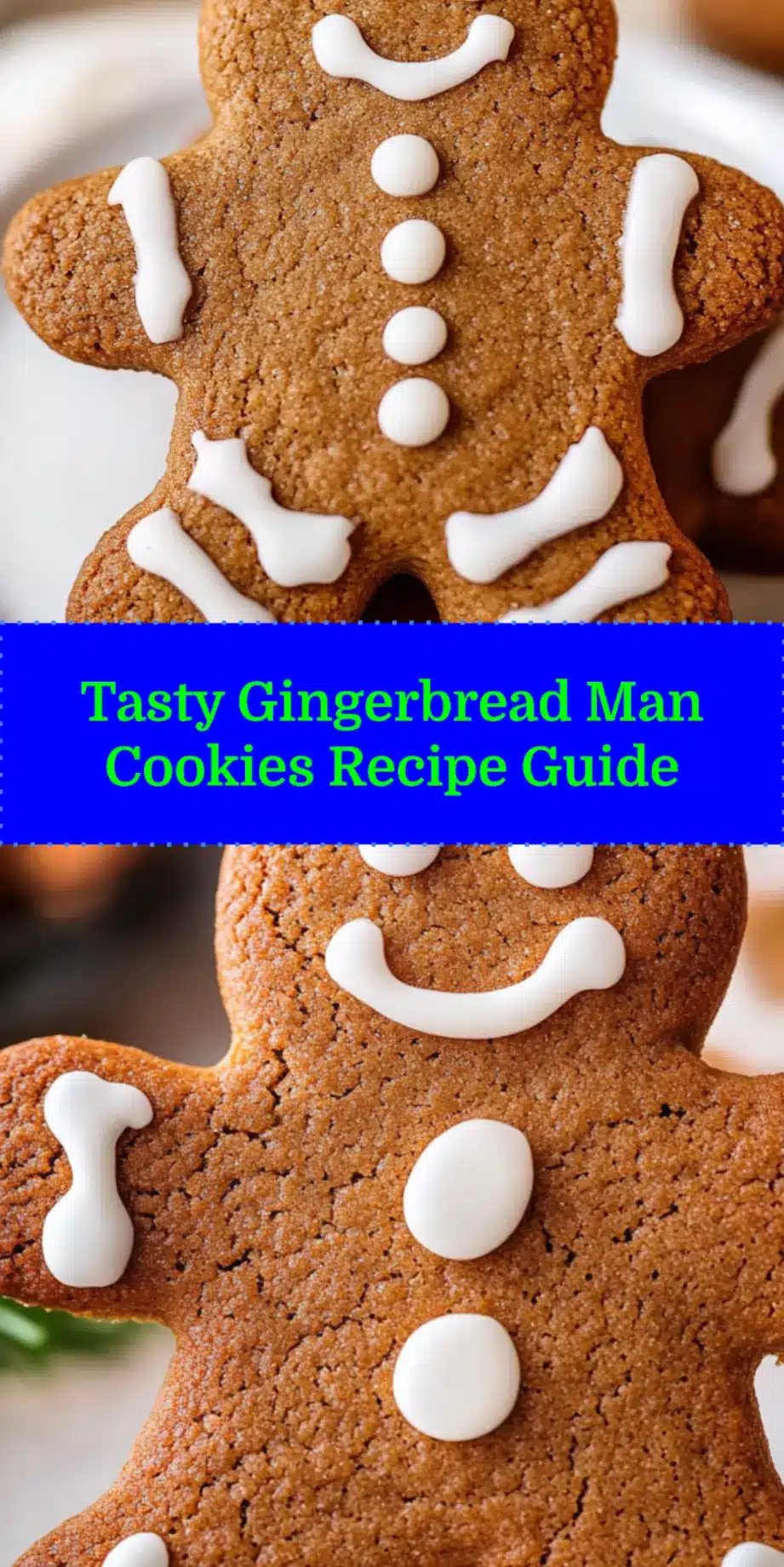 Pinterest pin for Gingerbread Man Cookies Recipe, showcasing a clean, uncluttered hero view with spiced cookies.