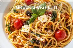 GREEK SPAGHETTI centered hero view, clean and uncluttered