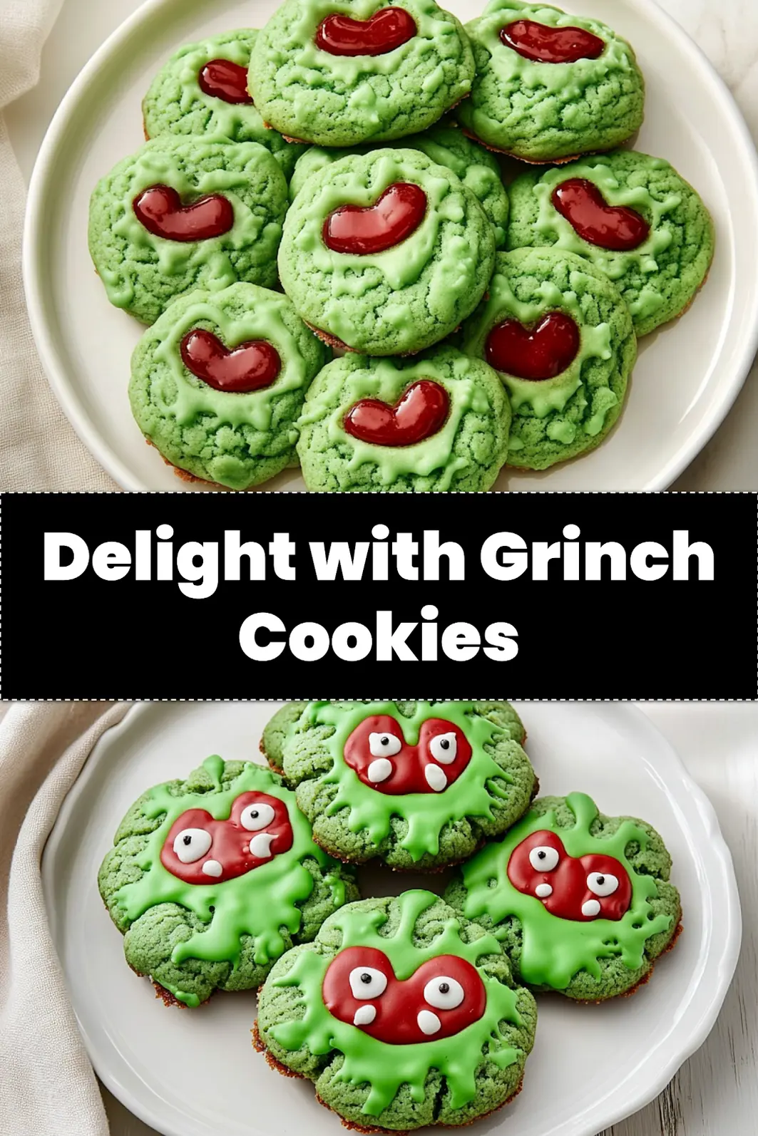 Pinterest graphic for Grinch Cookies, showcasing bright green cookies with red gumdrop hearts for easy holiday baking.