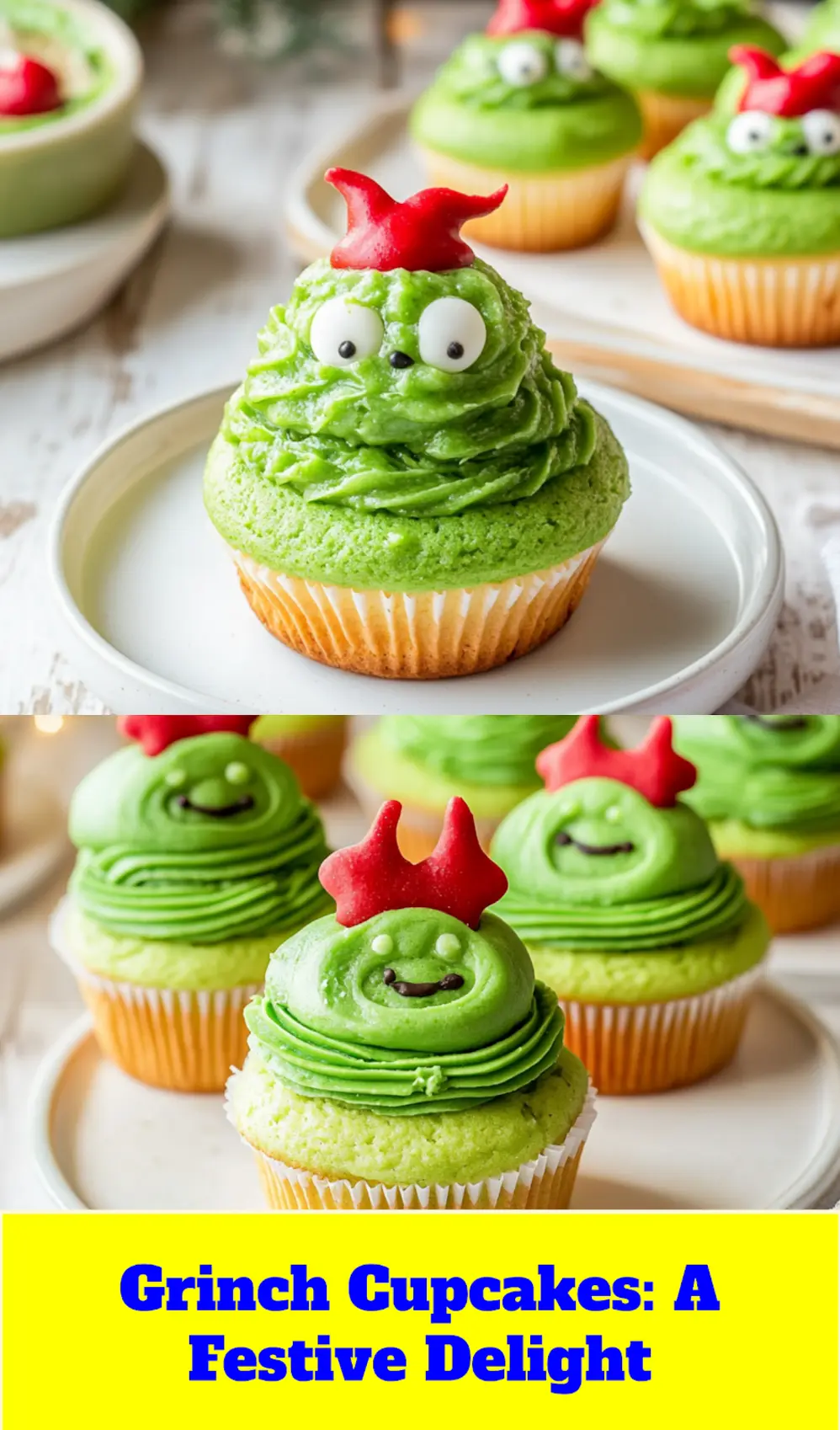 Grinch Cupcakes arranged artfully, ideal for a Pinterest visual, showcasing vibrant green frosting and Santa hat decorations