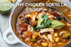 Healthy Chicken Tortilla Soup: Quick Simple Recipe HEALTHY CHICKEN TORTILLA SOUP centered hero view, clean and uncluttered