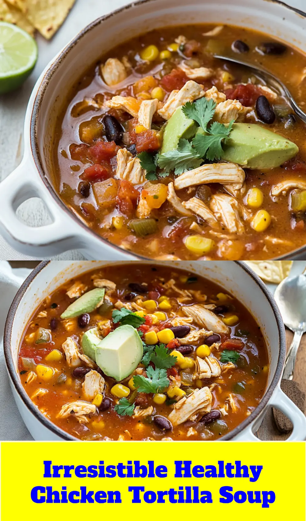 HEALTHY CHICKEN TORTILLA SOUP centered hero view, clean and uncluttered_pin