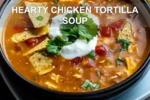 HEARTY CHICKEN TORTILLA SOUP centered hero view, clean and uncluttered