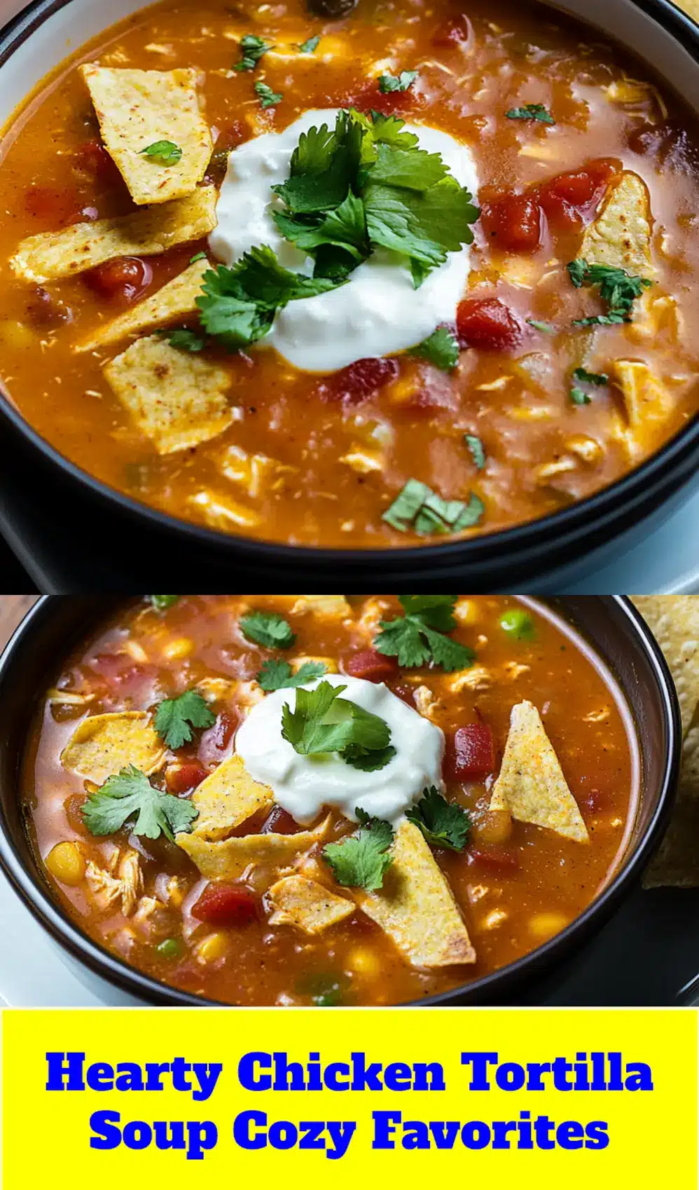 HEARTY CHICKEN TORTILLA SOUP centered hero view, clean and uncluttered_pin