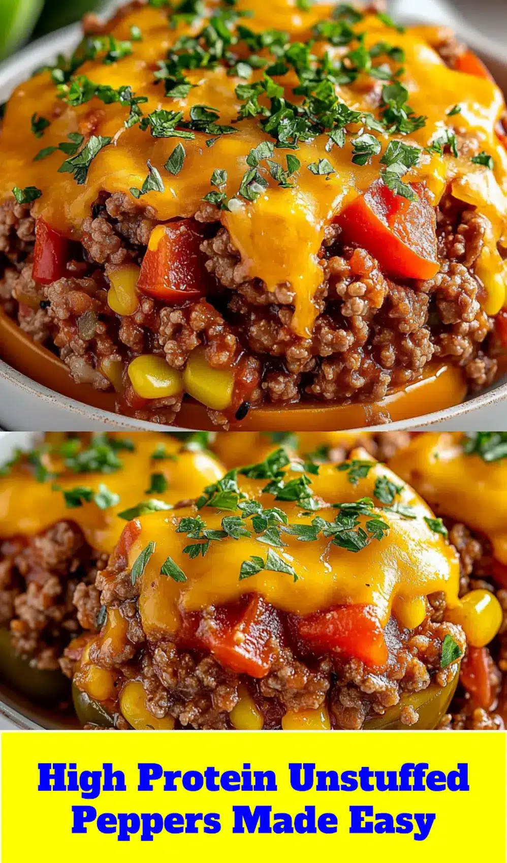 A vibrant overhead shot of High Protein Unstuffed Peppers, plated beautifully and garnished, ideal for Pinterest sharing.