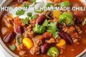 HOW TO MAKE HOMEMADE CHILI centered hero view, clean and uncluttered
