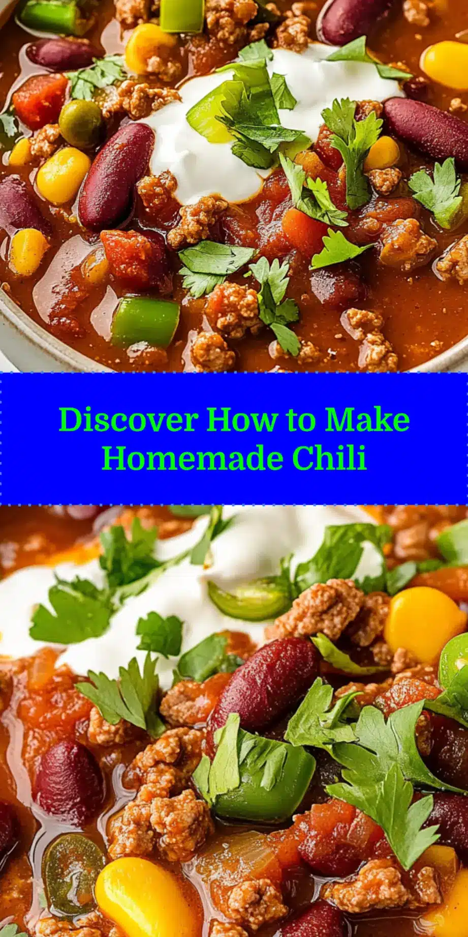 Pin-friendly image for HOW TO MAKE HOMEMADE CHILI, featuring a hearty bowl of chili with toppings, ready for sharing on social media.