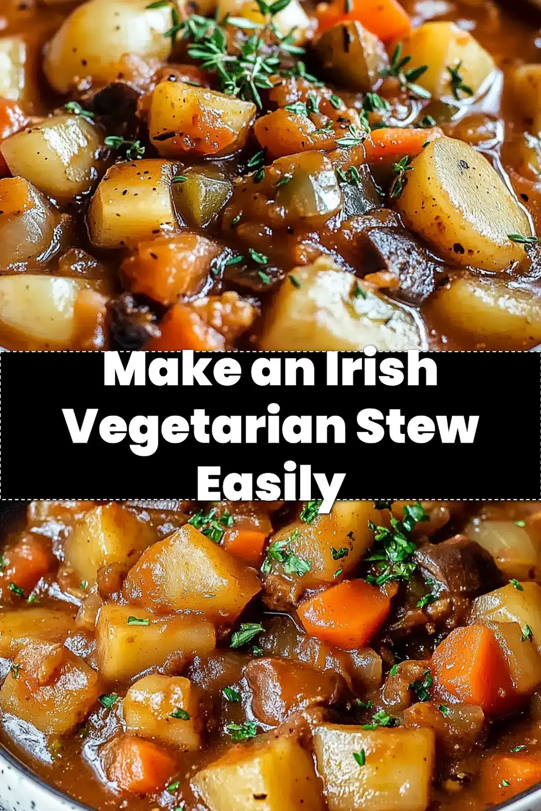 Warm bowl of Irish Vegetarian Stew, served with crusty bread and a sprinkle of fresh parsley.