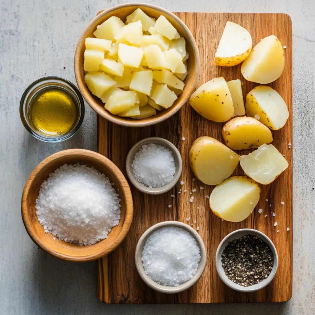 Ingredients for air fryer baked potato: russet potatoes, oil, salt, and pepper