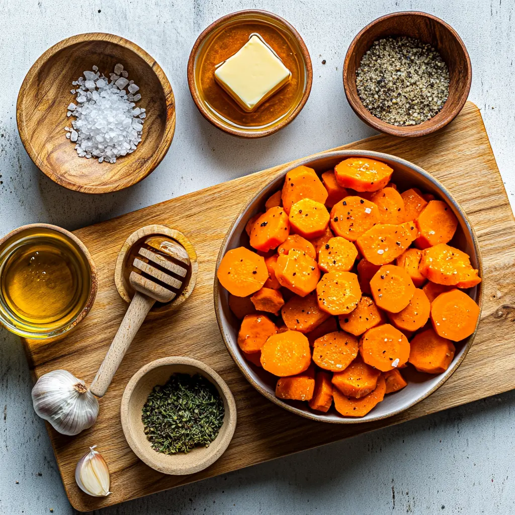 Enjoy Delicious Air Fryer Carrots Today 3 Ingredients for honey garlic air fryer carrots, including fresh carrots, honey, garlic, and butter.